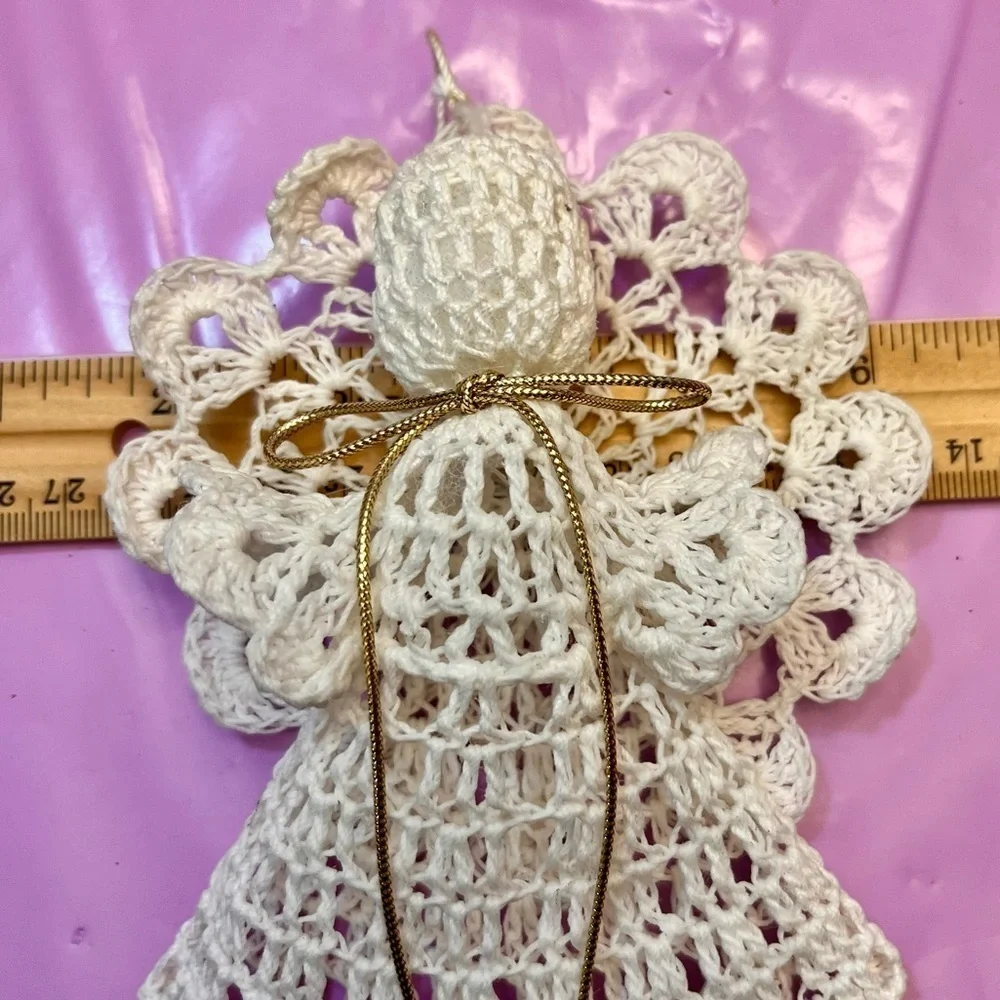 Vtg 3D Crochet Angel Ornament | Starched Lace Snowflake Halo Grandmacore Decor